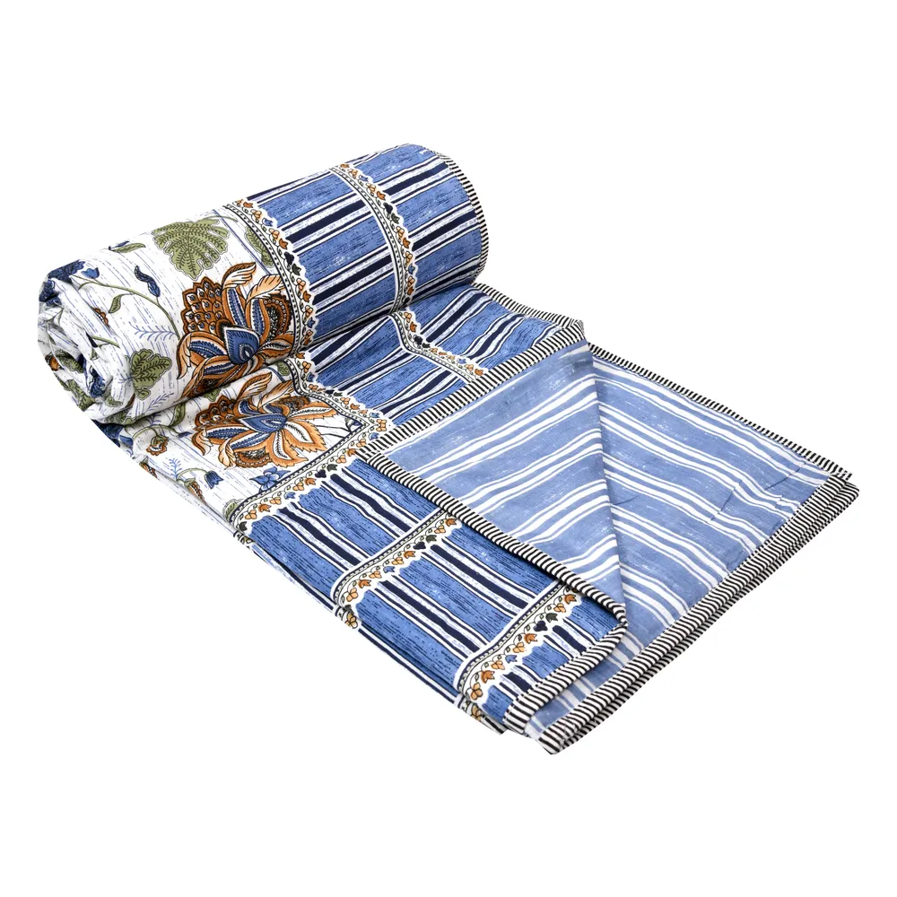 Jaipur Fabric Blue Traditional Floral Patterned Pure Cotton Summer Blanket