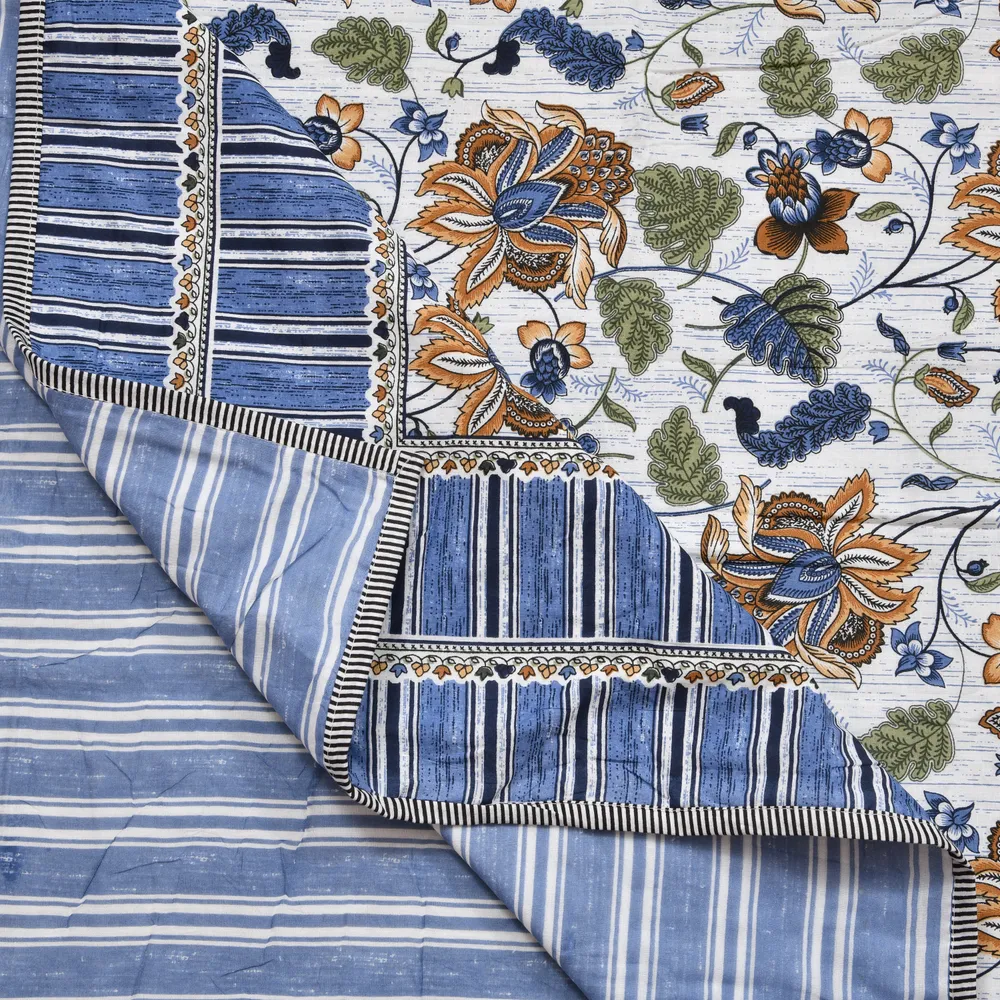 Jaipur Fabric Blue Traditional Floral Patterned Pure Cotton Summer Blanket