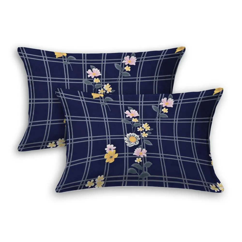 Jaipur Fabric Checks & Florals Blue Super Soft Double Bedsheet