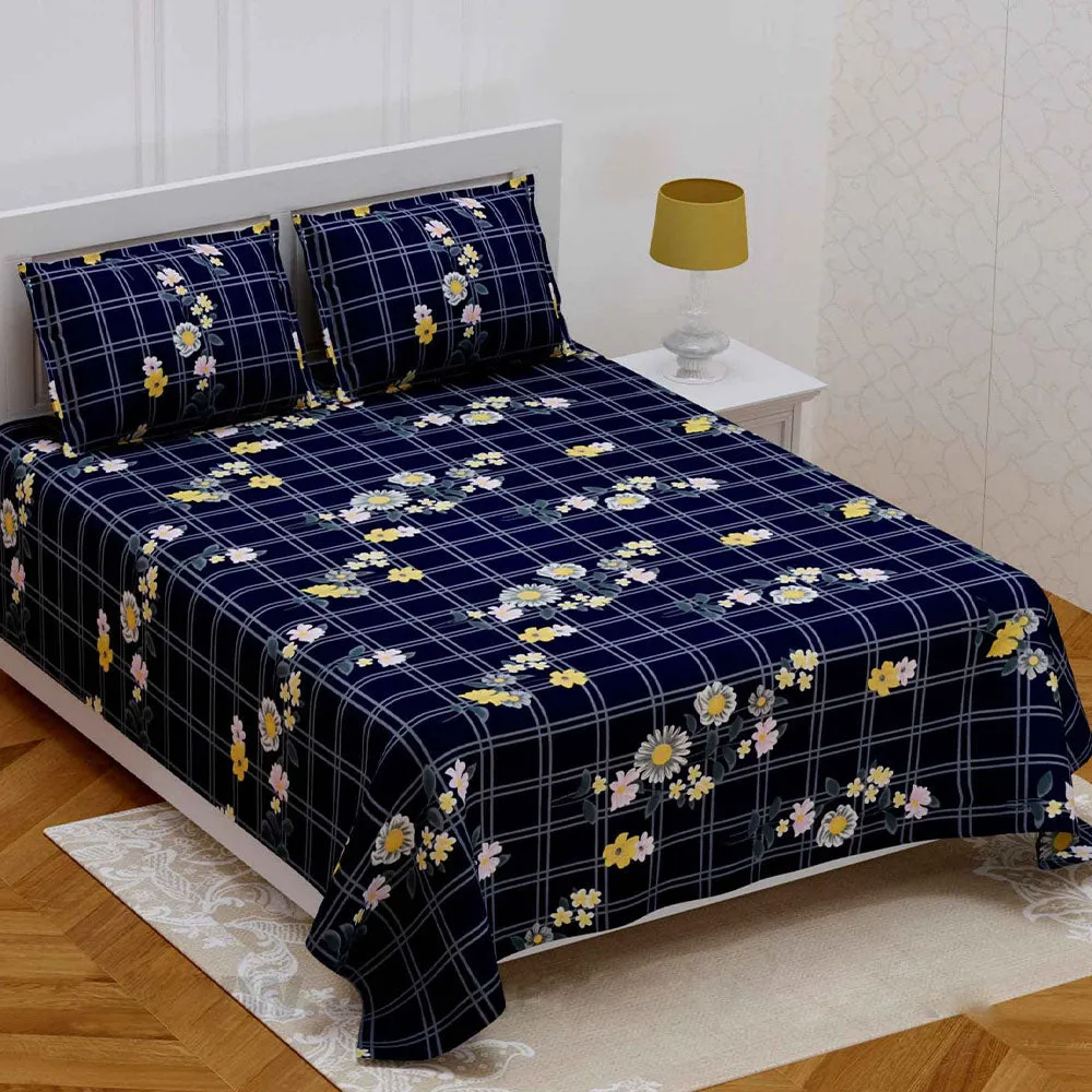 Jaipur Fabric Checks & Florals Blue Super Soft Double Bedsheet