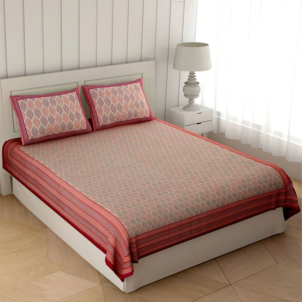 Jaipur Fabric Dark Brown Border Cream Base Leaf Pigment Cotton Satin Hand Block King Size Double Bedsheet