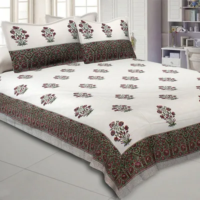 Jaipur Fabric Dark Floral Bunch Hand Block Print Cotton Double Bedsheet
