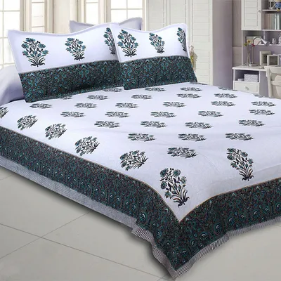 Jaipur Fabric Dark Floral Bunch Hand Block Print Cotton Double Bedsheet