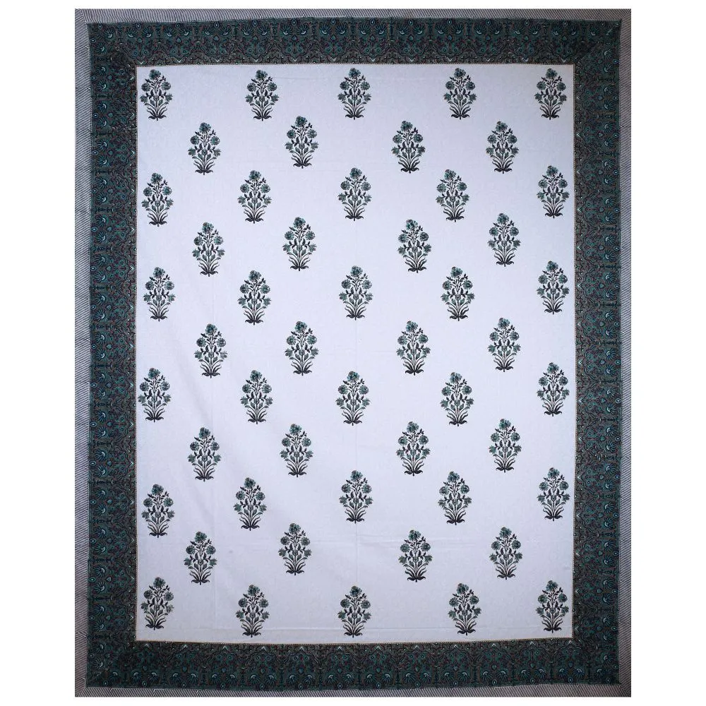 Jaipur Fabric Dark Floral Bunch Hand Block Print Cotton Double Bedsheet Blue Flora