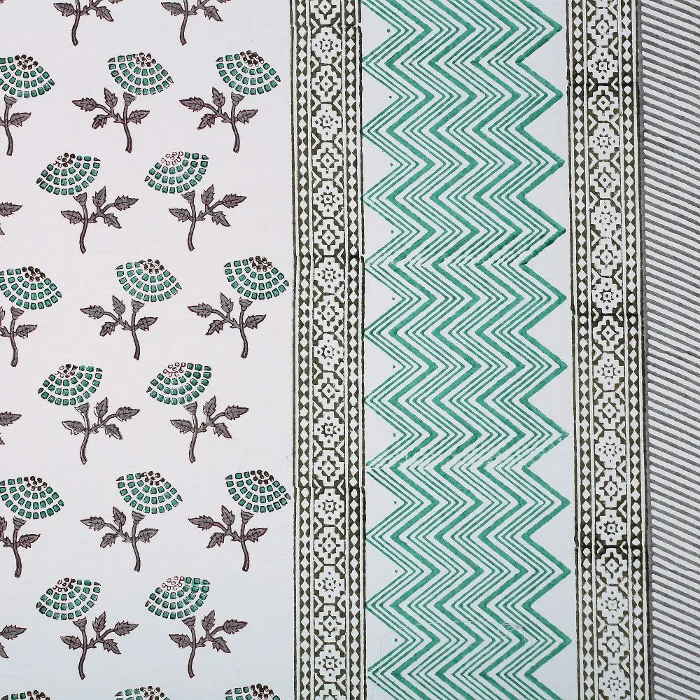 Jaipur Fabric Dotted Flowers Hand Block Print Cotton Double Bedsheet Green