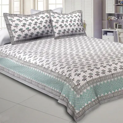 Jaipur Fabric Dotted Flowers Hand Block Print Cotton Double Bedsheet