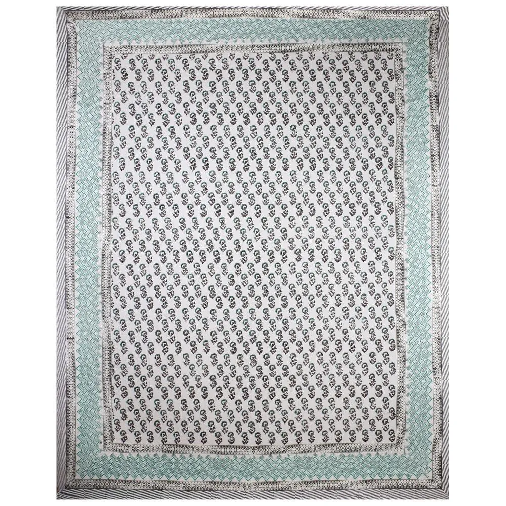Jaipur Fabric Dotted Flowers Hand Block Print Cotton Double Bedsheet Green