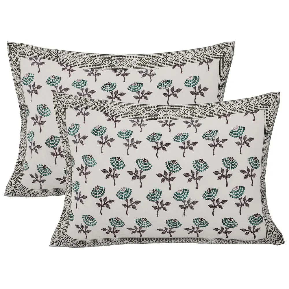 Jaipur Fabric Dotted Flowers Hand Block Print Cotton Double Bedsheet Green