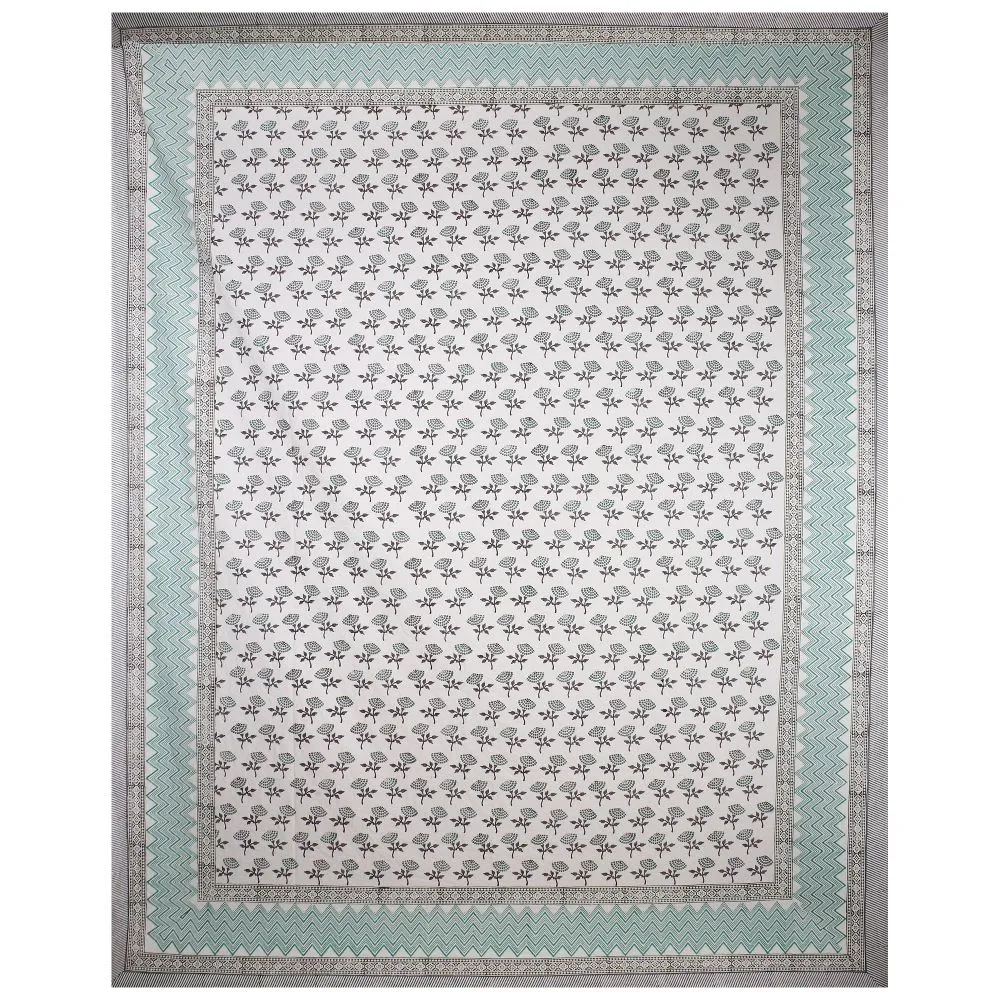 Jaipur Fabric Dotted Flowers Hand Block Print Cotton Double Bedsheet Green