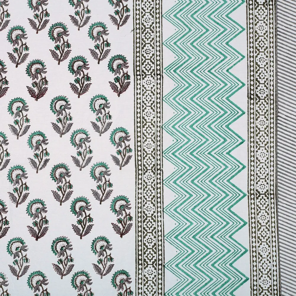 Jaipur Fabric Dotted Flowers Hand Block Print Cotton Double Bedsheet Green