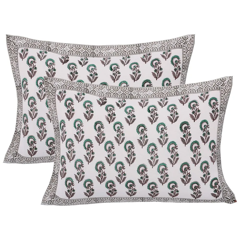 Jaipur Fabric Dotted Flowers Hand Block Print Cotton Double Bedsheet Green