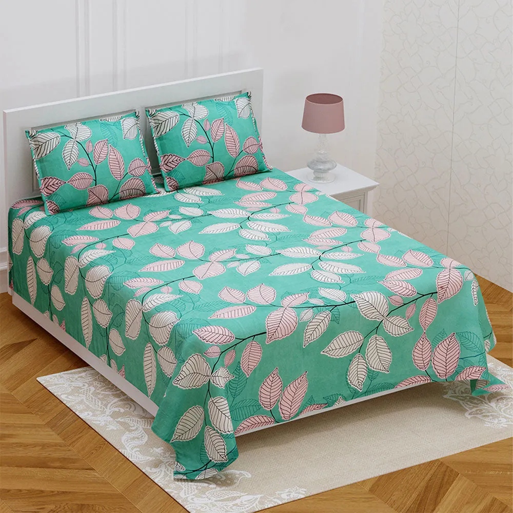 Jaipur Fabric Enchanting Teal Leafy Designer Super Soft Polymix Double Bedsheet