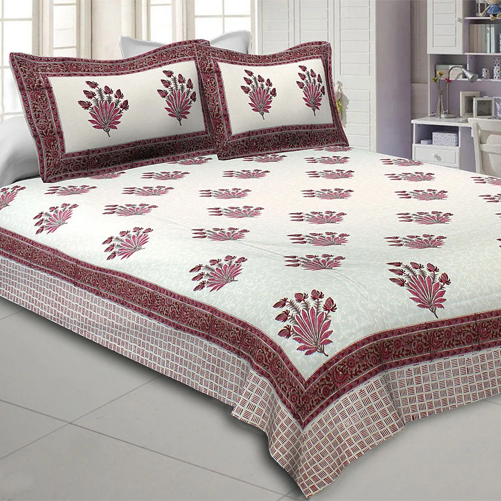 Jaipur Fabric Feathers of Fortune Hand Block Print Cotton Double Bedsheet Pink