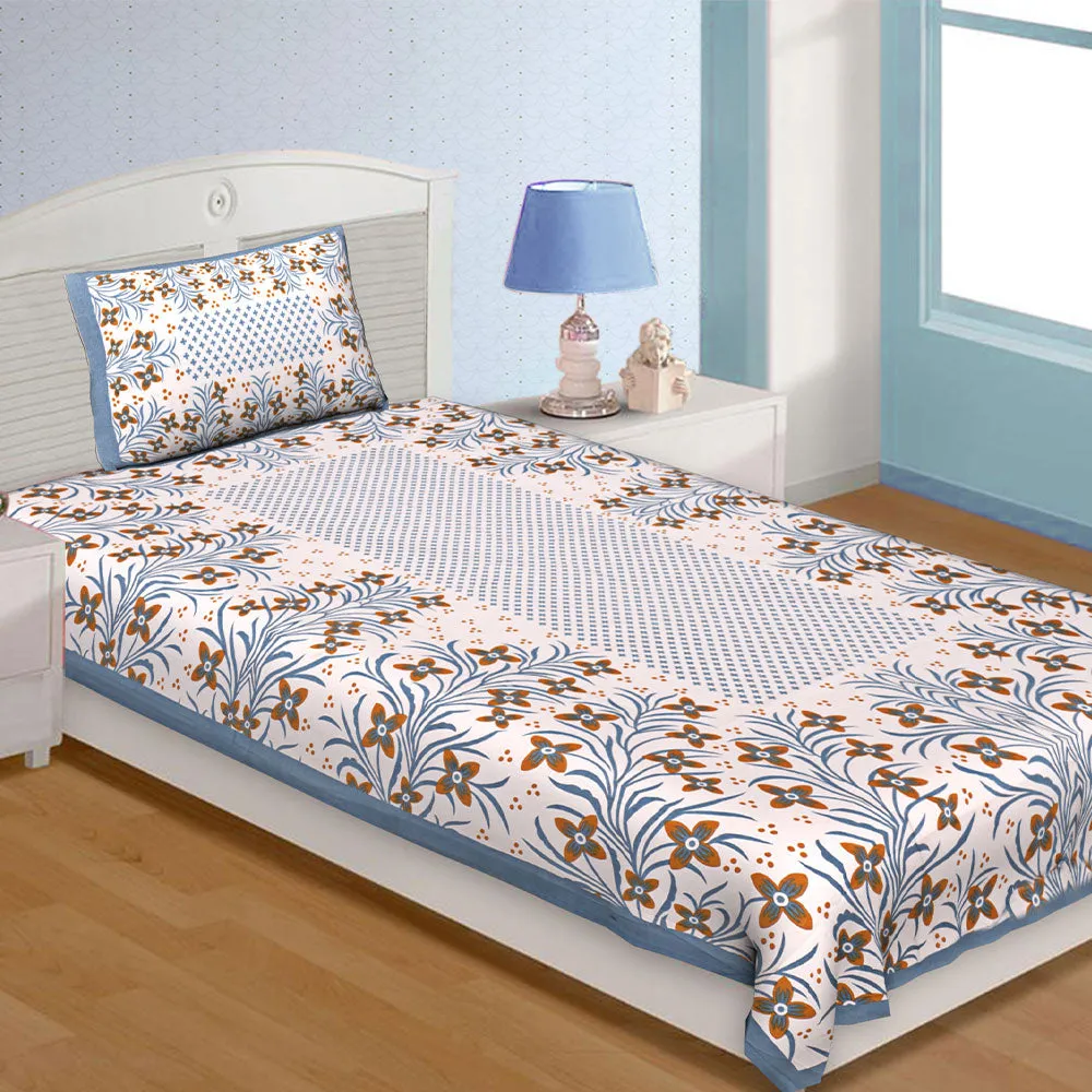 Jaipur Fabric Floral Bordered Super Soft Cotton Single Bedsheet Gray Border