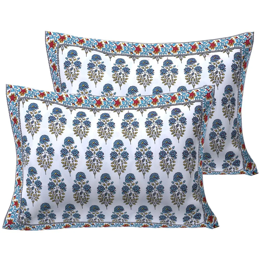 Jaipur Fabric Floral Corsage Cotton Double Bedsheet Blue