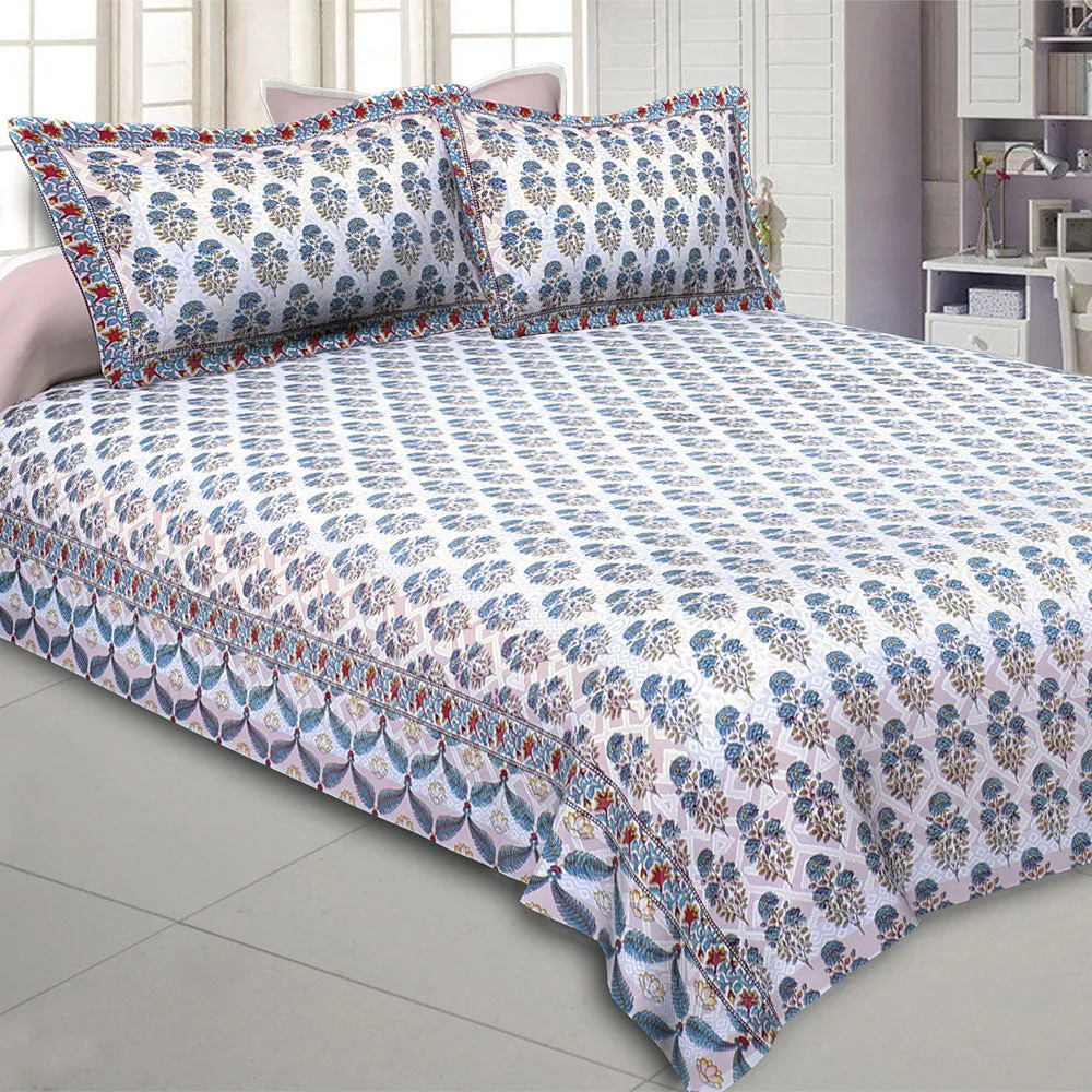 Jaipur Fabric Floral Corsage Cotton Double Bedsheet Blue