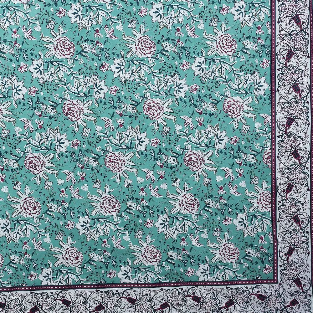 Jaipur Fabric Floret Bordered Cotton Double Bedsheet Blue
