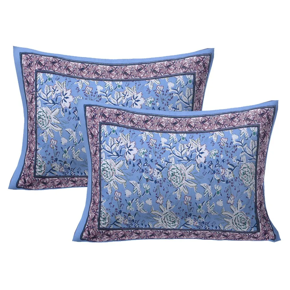 Jaipur Fabric Floret Bordered Cotton Double Bedsheet Blue