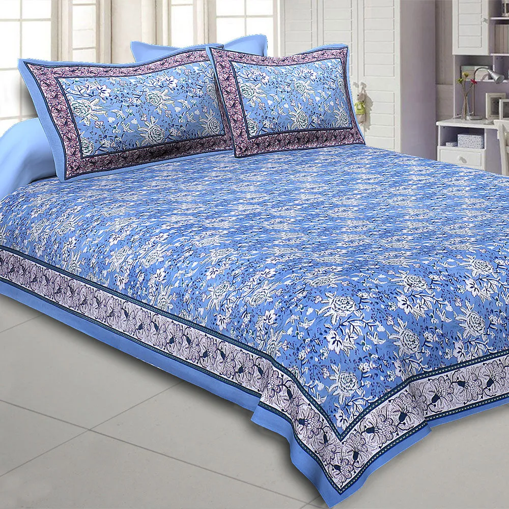 Jaipur Fabric Floret Bordered Cotton Double Bedsheet Blue