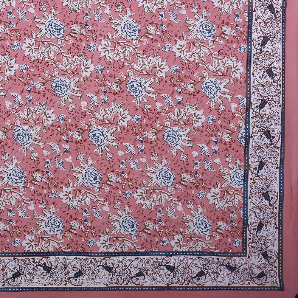 Jaipur Fabric Floret Bordered Cotton Double Bedsheet Blue