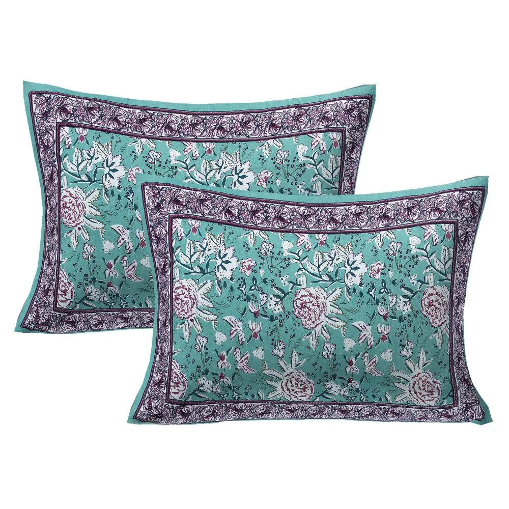 Jaipur Fabric Floret Bordered Cotton Double Bedsheet Blue
