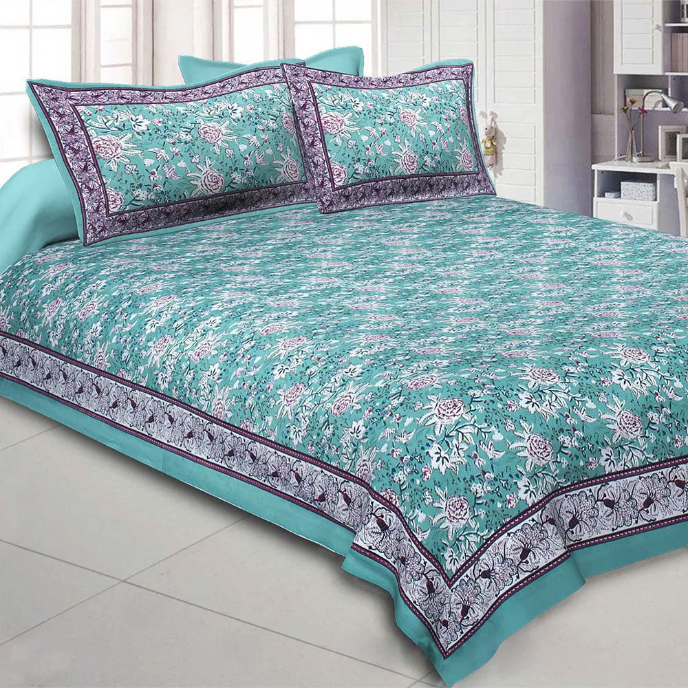 Jaipur Fabric Floret Bordered Cotton Double Bedsheet Blue