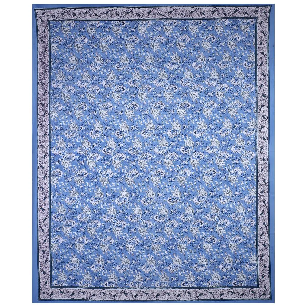 Jaipur Fabric Floret Bordered Cotton Double Bedsheet Blue