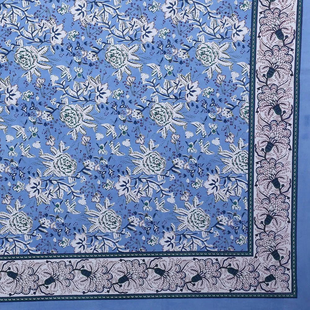 Jaipur Fabric Floret Bordered Cotton Double Bedsheet Blue