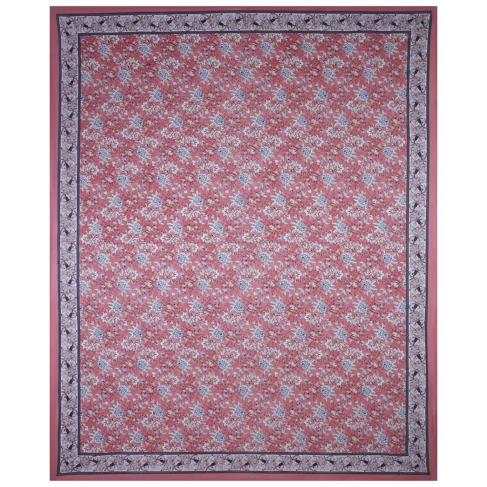 Jaipur Fabric Floret Bordered Cotton Double Bedsheet Blue