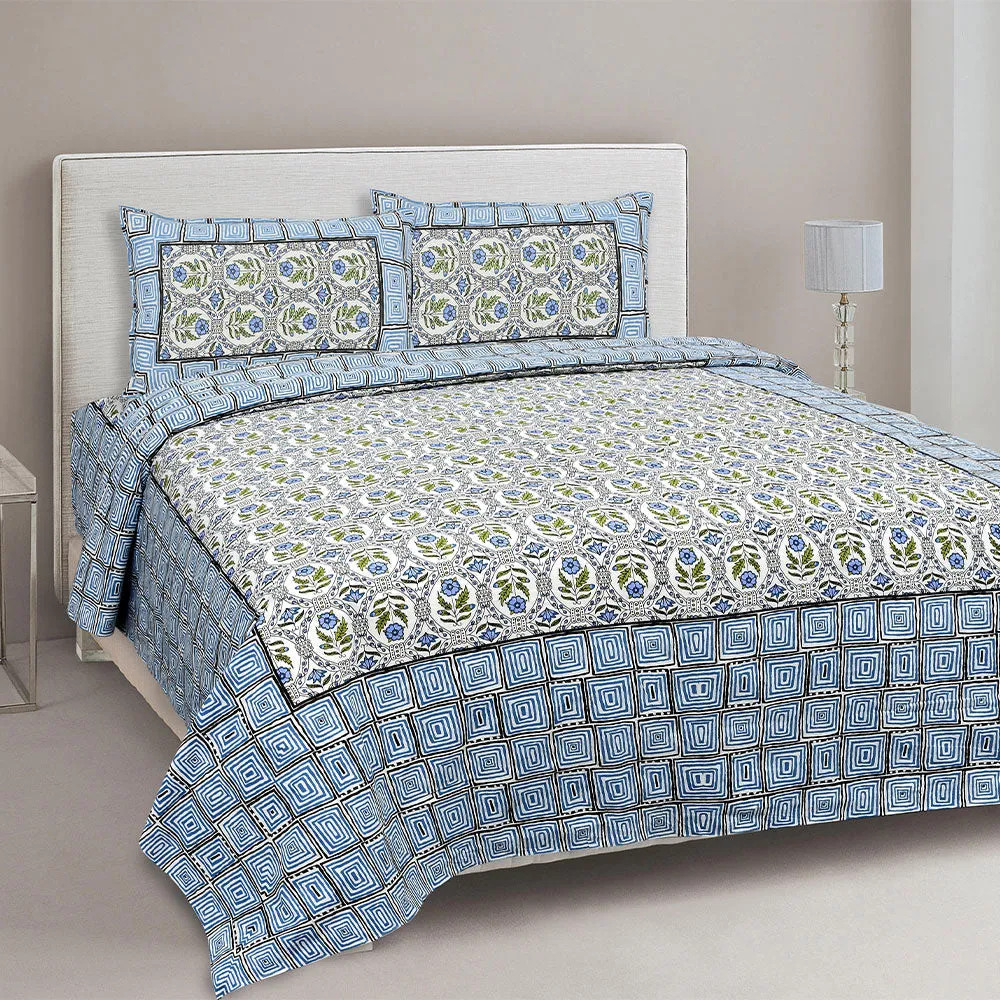 Jaipur Fabric Intricate Floral Designer Blue Cotton Double Bedsheet