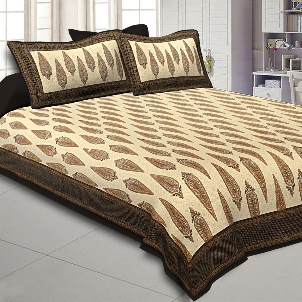 Jaipur Fabric King Size Bedsheet Black Border Golden Paisley Print With Two Pillow Cover