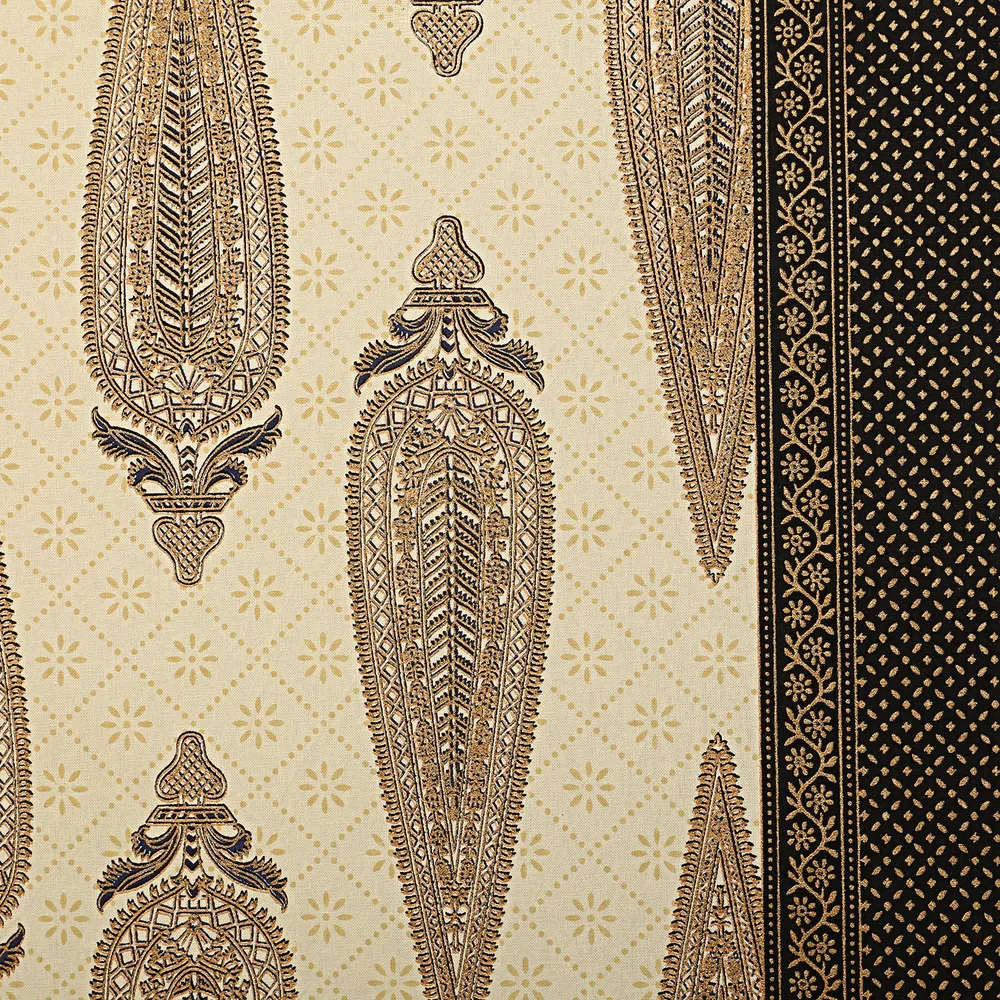 Jaipur Fabric King Size Bedsheet Black Border Golden Paisley Print With Two Pillow Cover