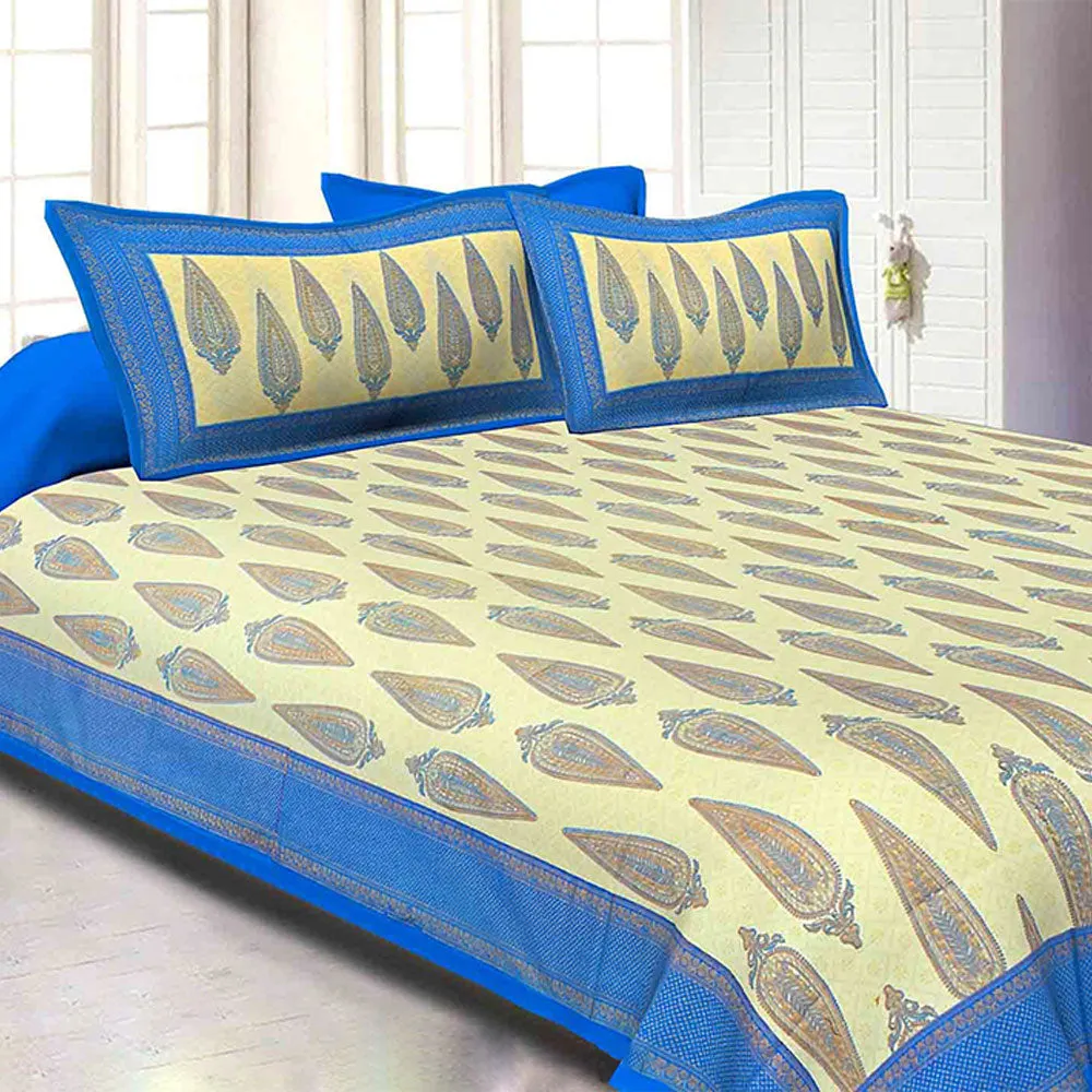 Jaipur Fabric King Size Bedsheet Blue Border Golden Paisley Print With Two Pillow Cover