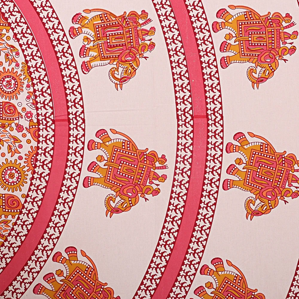 Jaipur Fabric King Size Bedsheet Pink Border Circle Elephant Pattern Screen Print With Two Pillow Cover