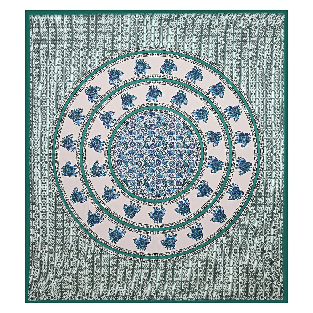 Jaipur Fabric King Size Bedsheet Sea Green Border Circle Elephant Pattern Screen Print With Two Pillow Cover