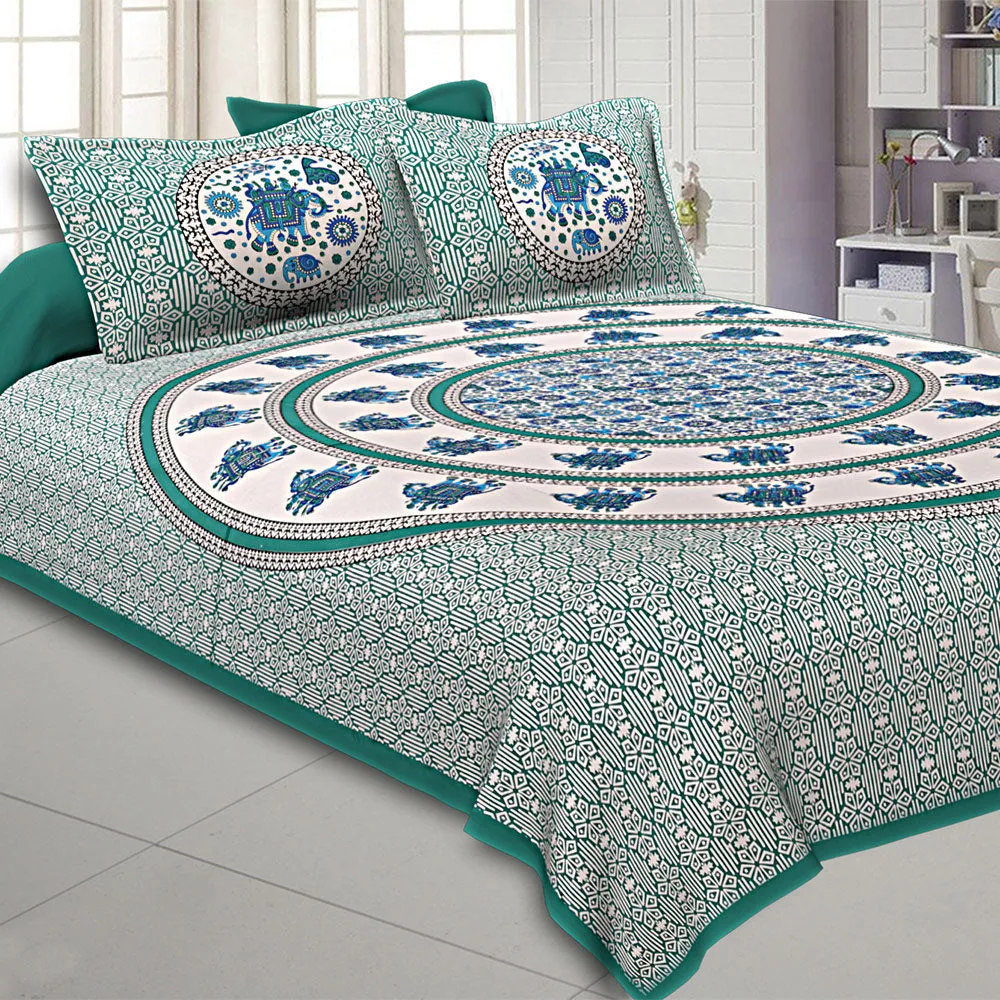 Jaipur Fabric King Size Bedsheet Sea Green Border Circle Elephant Pattern Screen Print With Two Pillow Cover