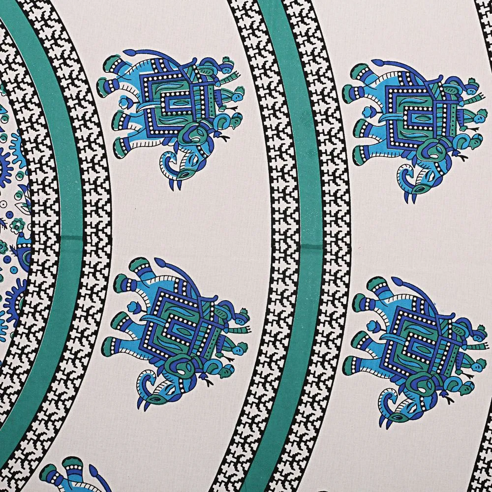 Jaipur Fabric King Size Bedsheet Sea Green Border Circle Elephant Pattern Screen Print With Two Pillow Cover