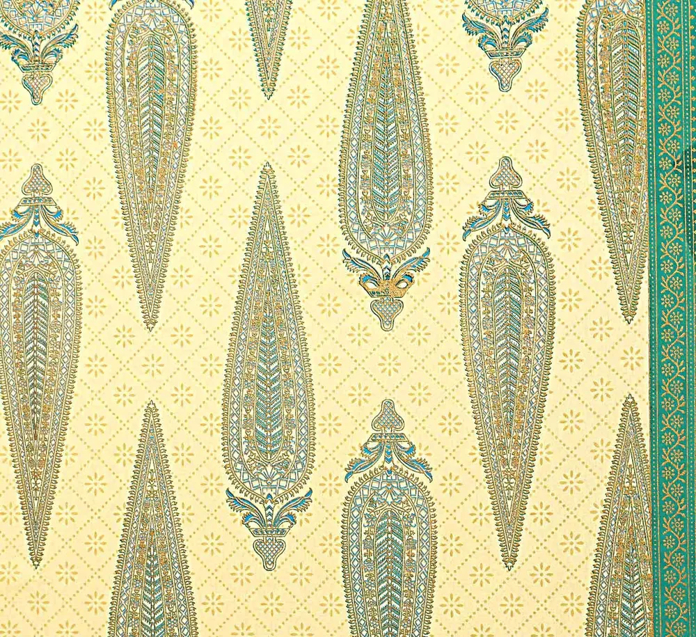 Jaipur Fabric King Size Bedsheet Sea Green Border Golden Paisley Print With Two Pillow Cover