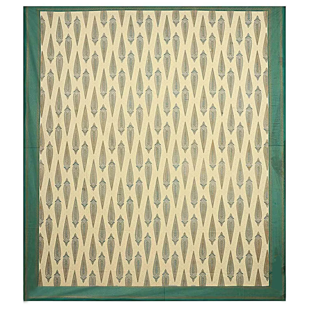 Jaipur Fabric King Size Bedsheet Sea Green Border Golden Paisley Print With Two Pillow Cover
