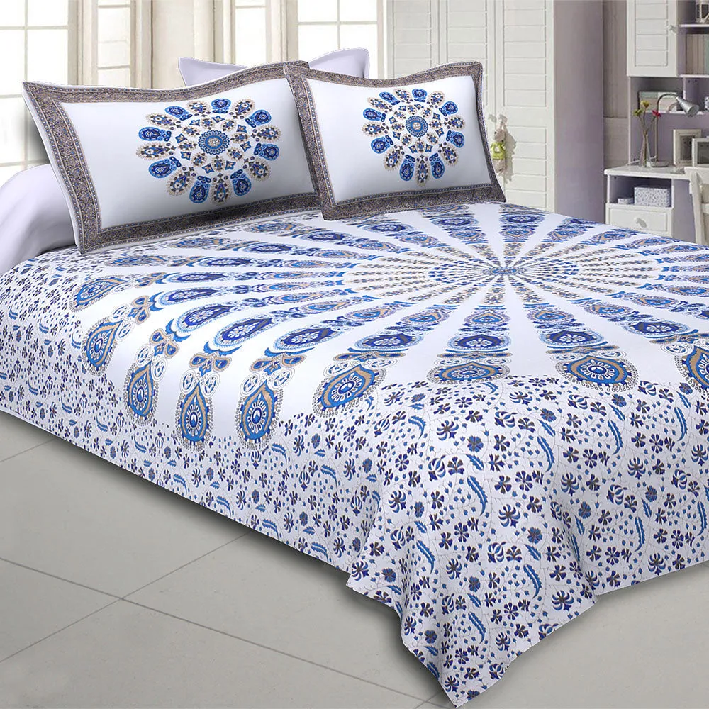 Jaipur Fabric Mandala Gold Print Double Bedsheet with 2 Pillow Covers Blue White