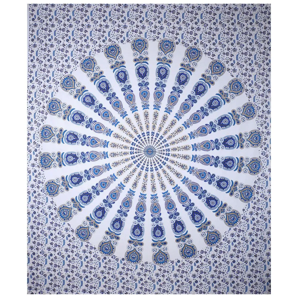 Jaipur Fabric Mandala Gold Print Double Bedsheet with 2 Pillow Covers Blue White