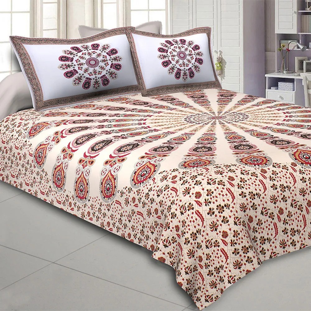 Jaipur Fabric Mandala Gold Print Double Bedsheet with 2 Pillow Covers Blue White