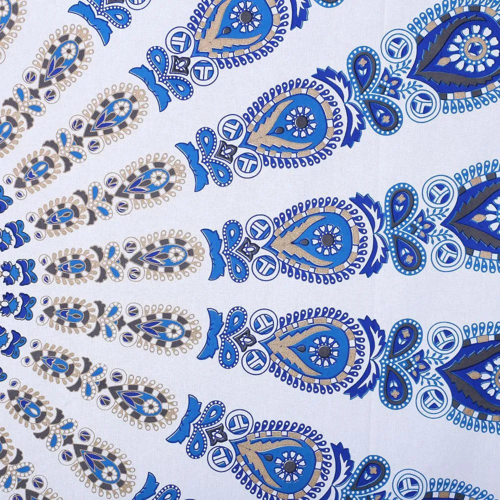 Jaipur Fabric Mandala Gold Print Double Bedsheet with 2 Pillow Covers Blue White