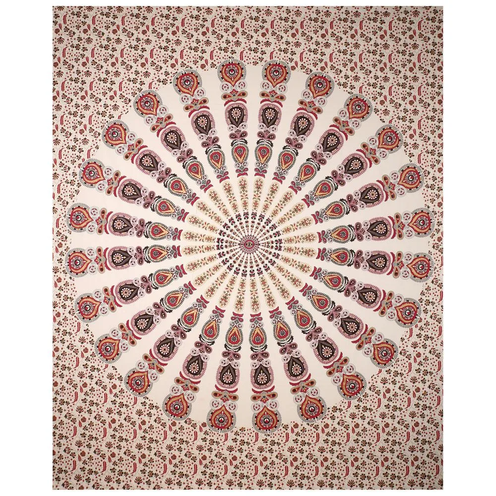 Jaipur Fabric Mandala Gold Print Double Bedsheet with 2 Pillow Covers Blue White