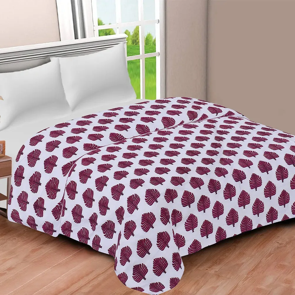 Jaipur Fabric Maroon Pine Leaves Printed Pure Cotton Reversible Double Bed Summer Blanket