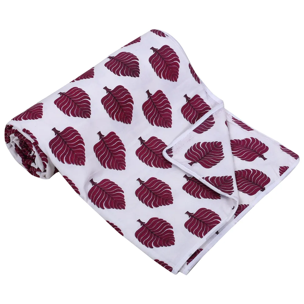 Jaipur Fabric Maroon Pine Leaves Printed Pure Cotton Reversible Double Bed Summer Blanket