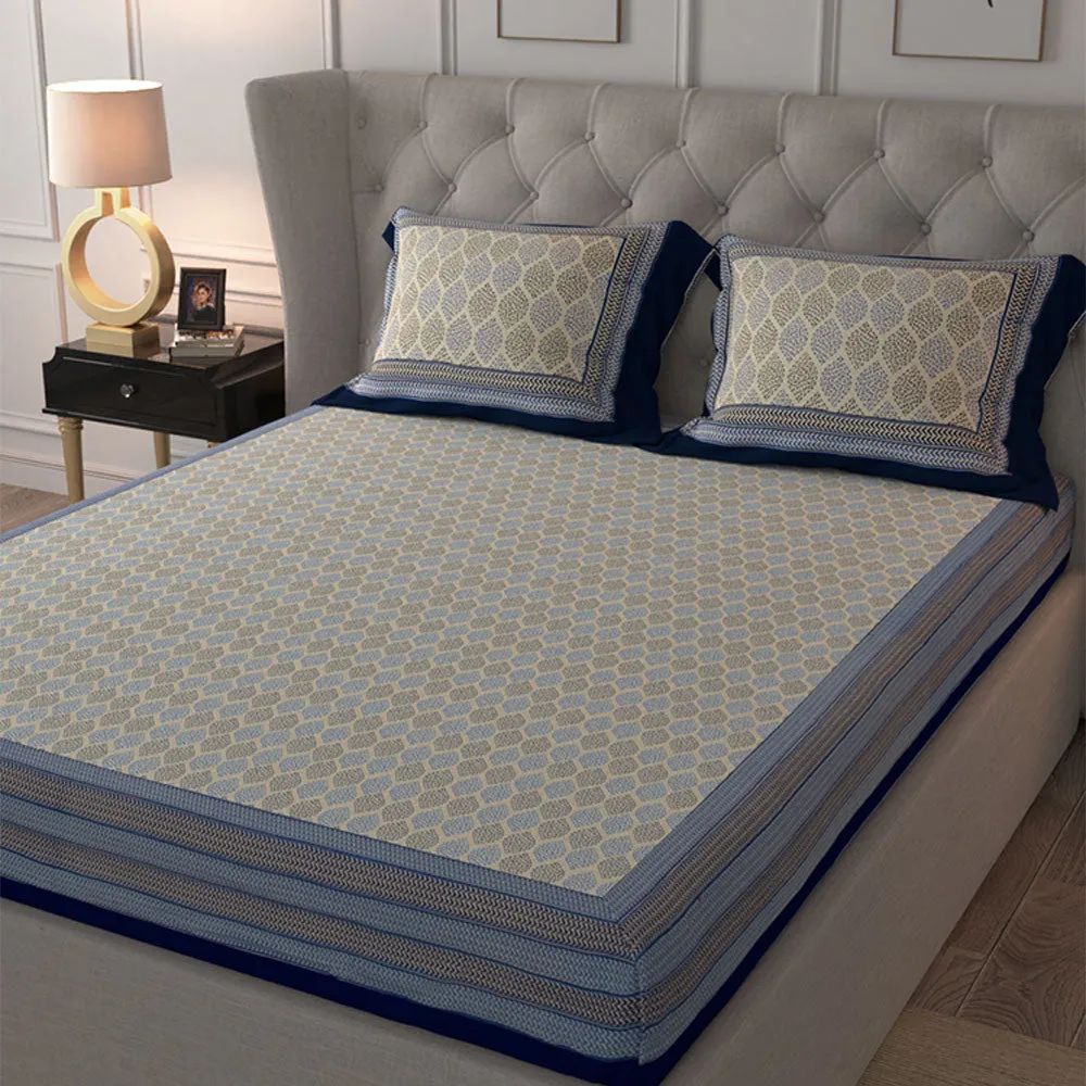 Jaipur Fabric Navy Blue Border Cream Base Leaf Pigment Cotton Satin Hand Block King Size Double Bedsheet