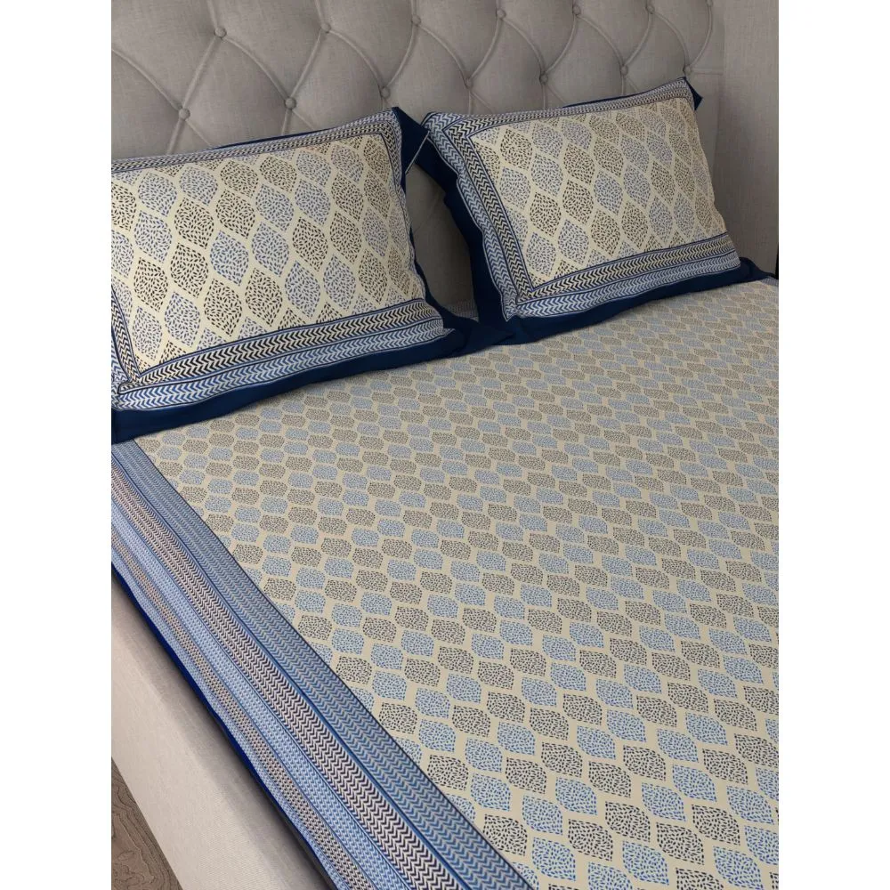 Jaipur Fabric Navy Blue Border Cream Base Leaf Pigment Cotton Satin Hand Block King Size Double Bedsheet