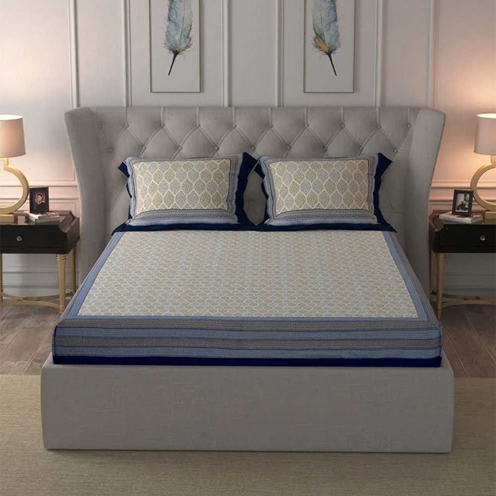 Jaipur Fabric Navy Blue Border Cream Base Leaf Pigment Cotton Satin Hand Block King Size Double Bedsheet