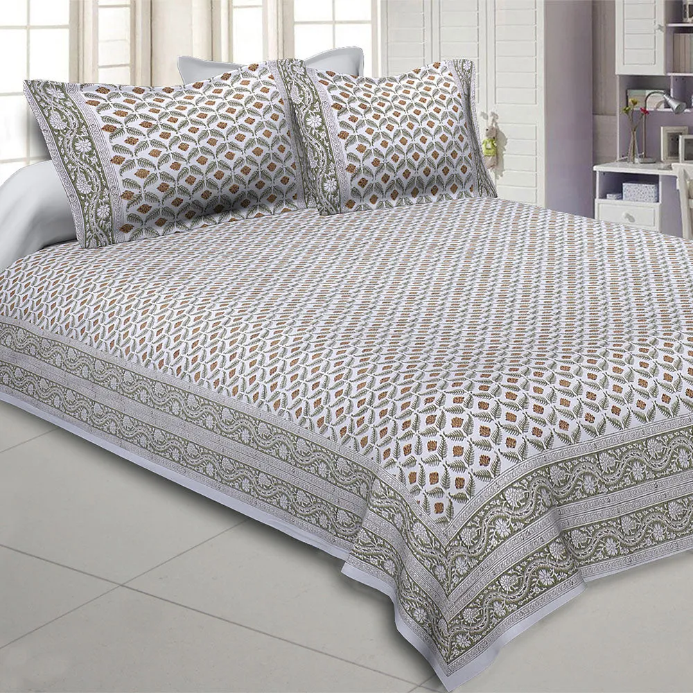 Jaipur Fabric Paisley Petals Blue Cotton King Size Bedsheet